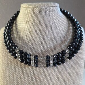 Multi-strand Black And Clear Rhinestone Choker Neclace